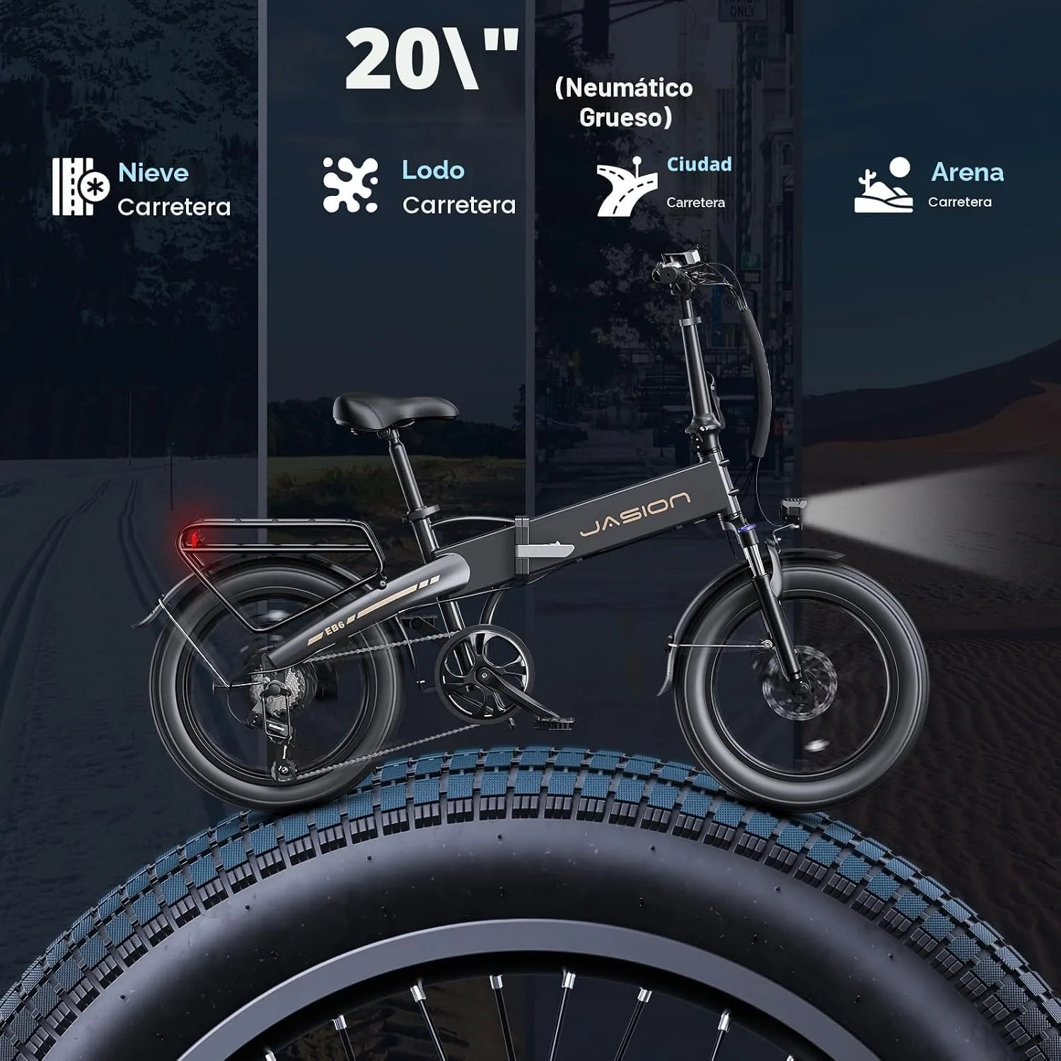 Jasion EB6 Foldable Electric Bike, 1000W Peak, 20" Fat Tire